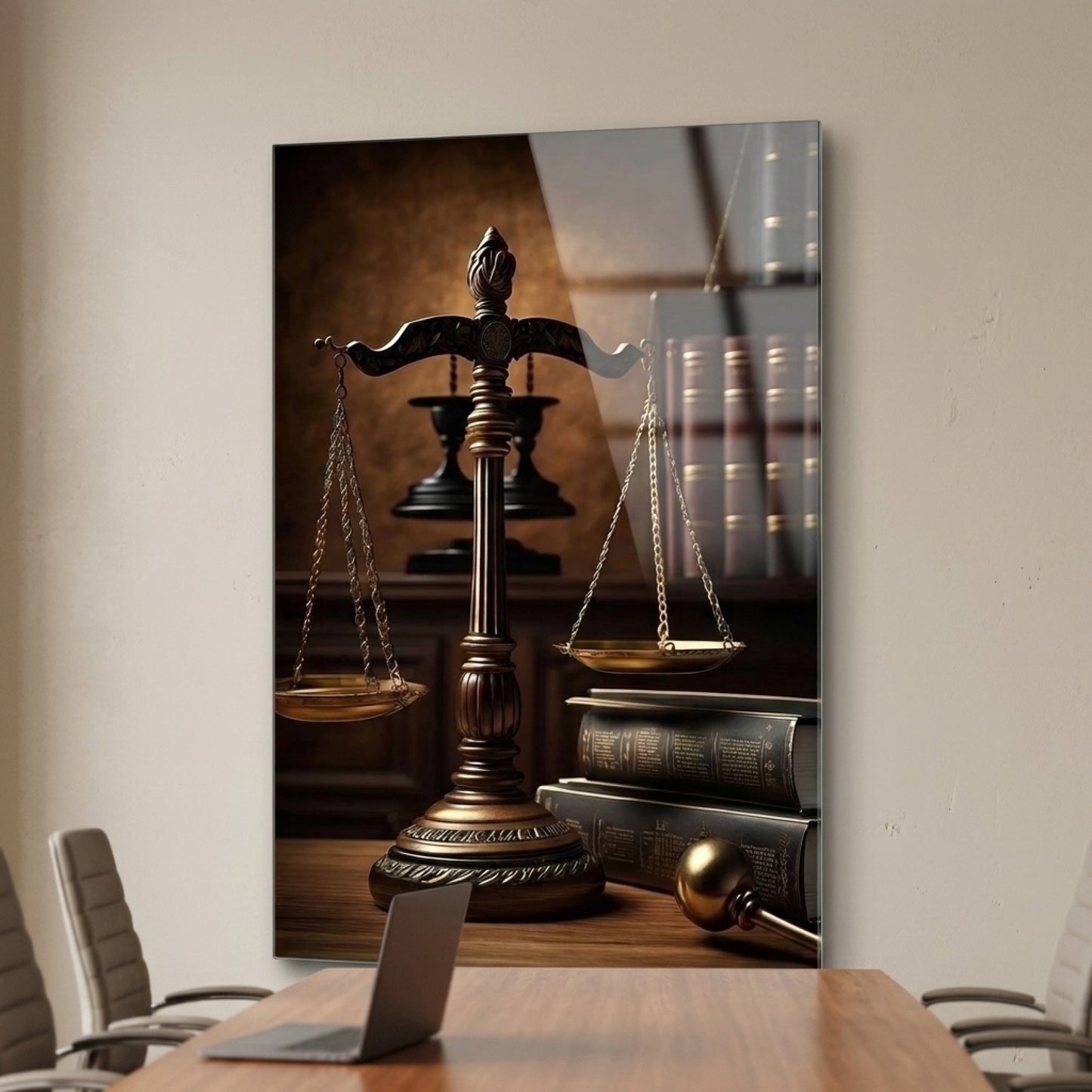 Hukuk Temali Adalet Terazisi Ve Kitaplar Dikey Cam Tablo