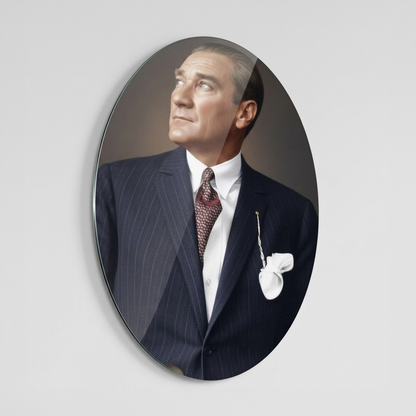 Mustafa Kemal Atatürk Karizmatik Portre Oval Dikey Cam Tablo