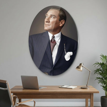 Mustafa Kemal Atatürk Karizmatik Portre Oval Dikey Cam Tablo