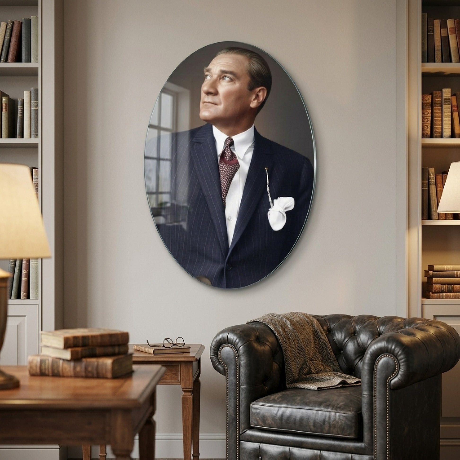 Mustafa Kemal Atatürk Karizmatik Portre Oval Dikey Cam Tablo