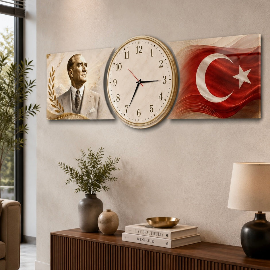 Atatürk Türk Bayrağı Saatli Şekilli Kesim Saat Cam Saat