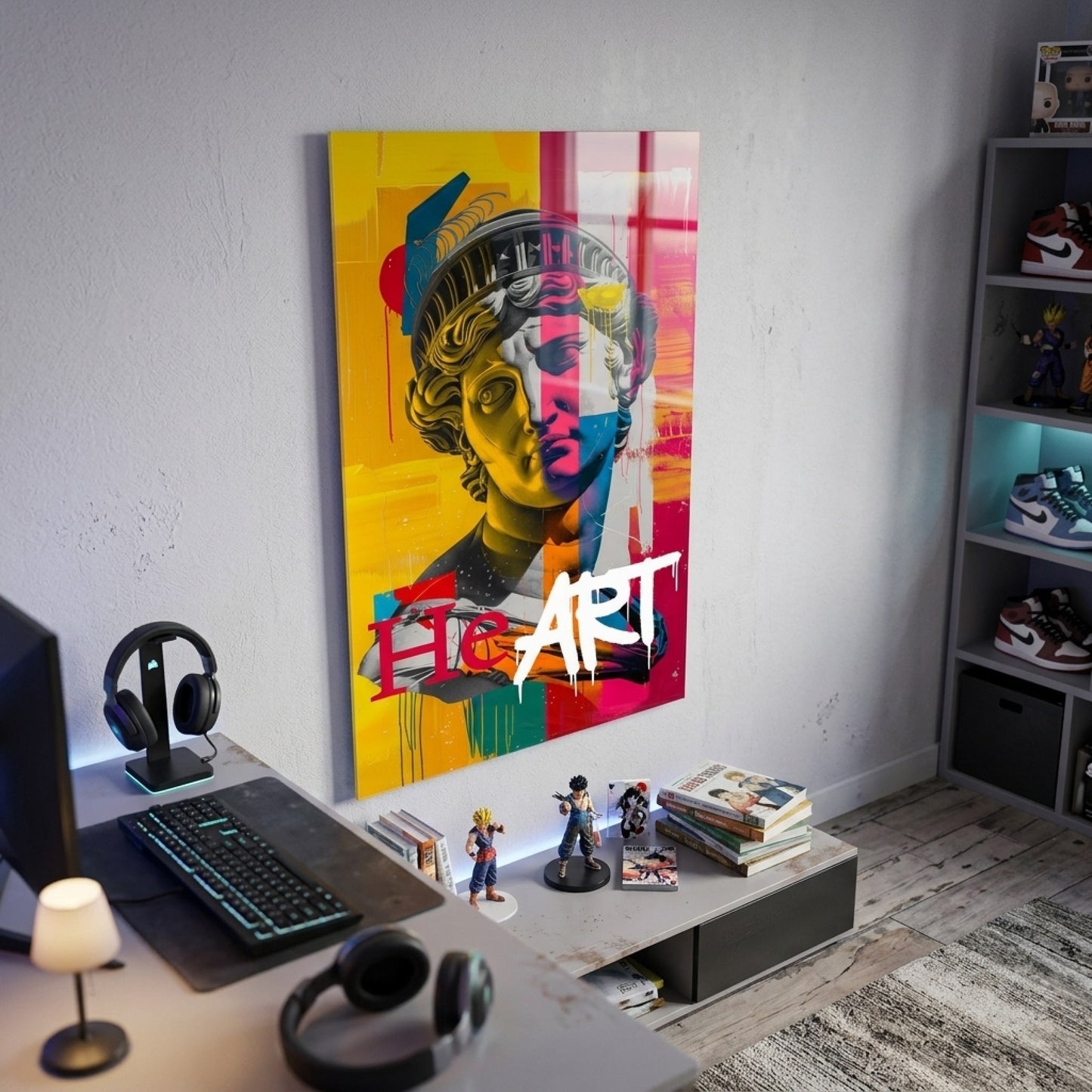 Pop Art Klasik Büst Renkli Grafiti Duvar Sanatı Dikey Cam Tablo
