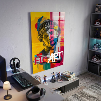 Pop Art Klasik Büst Renkli Grafiti Duvar Sanatı Dikey Cam Tablo