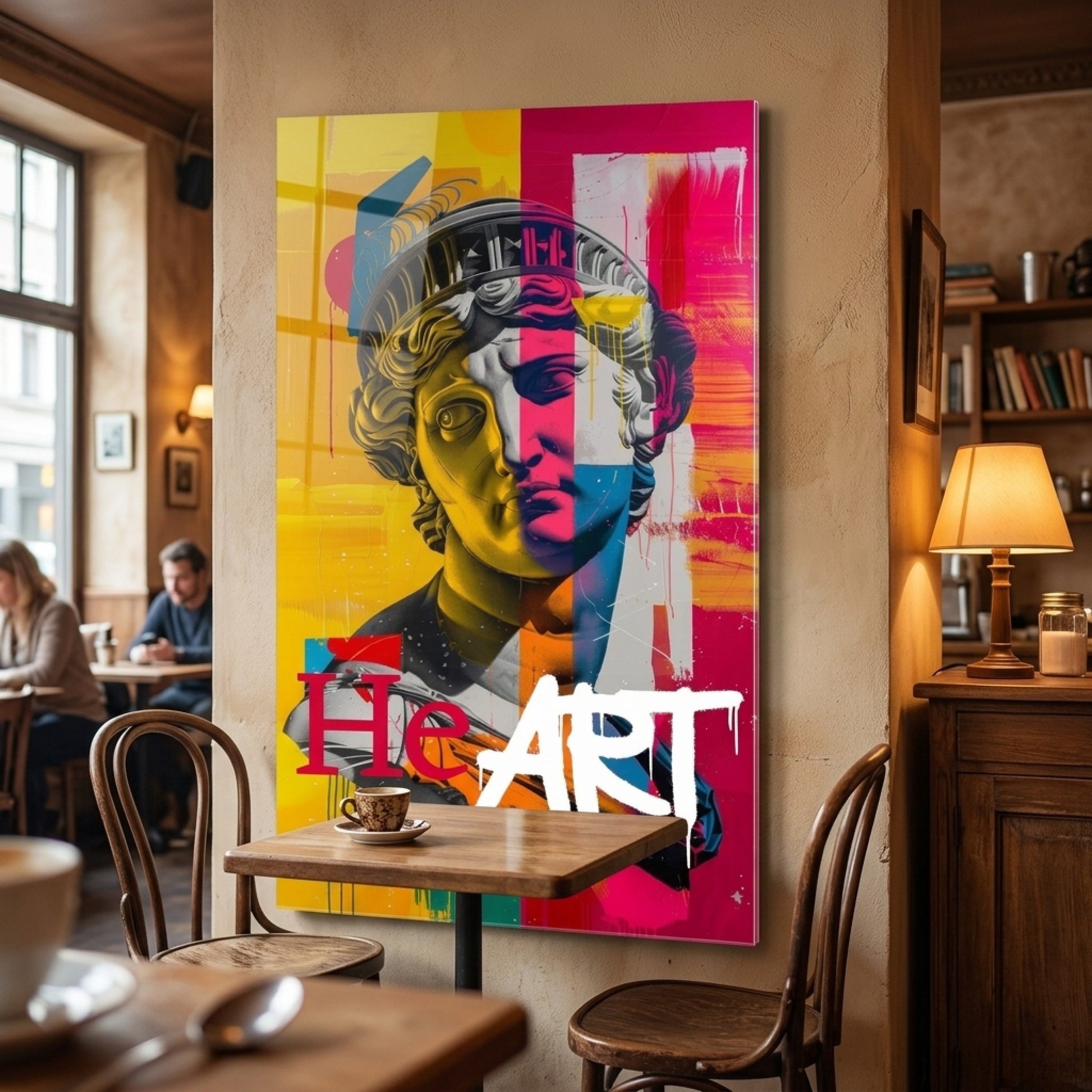 Pop Art Klasik Büst Renkli Grafiti Duvar Sanatı Dikey Cam Tablo