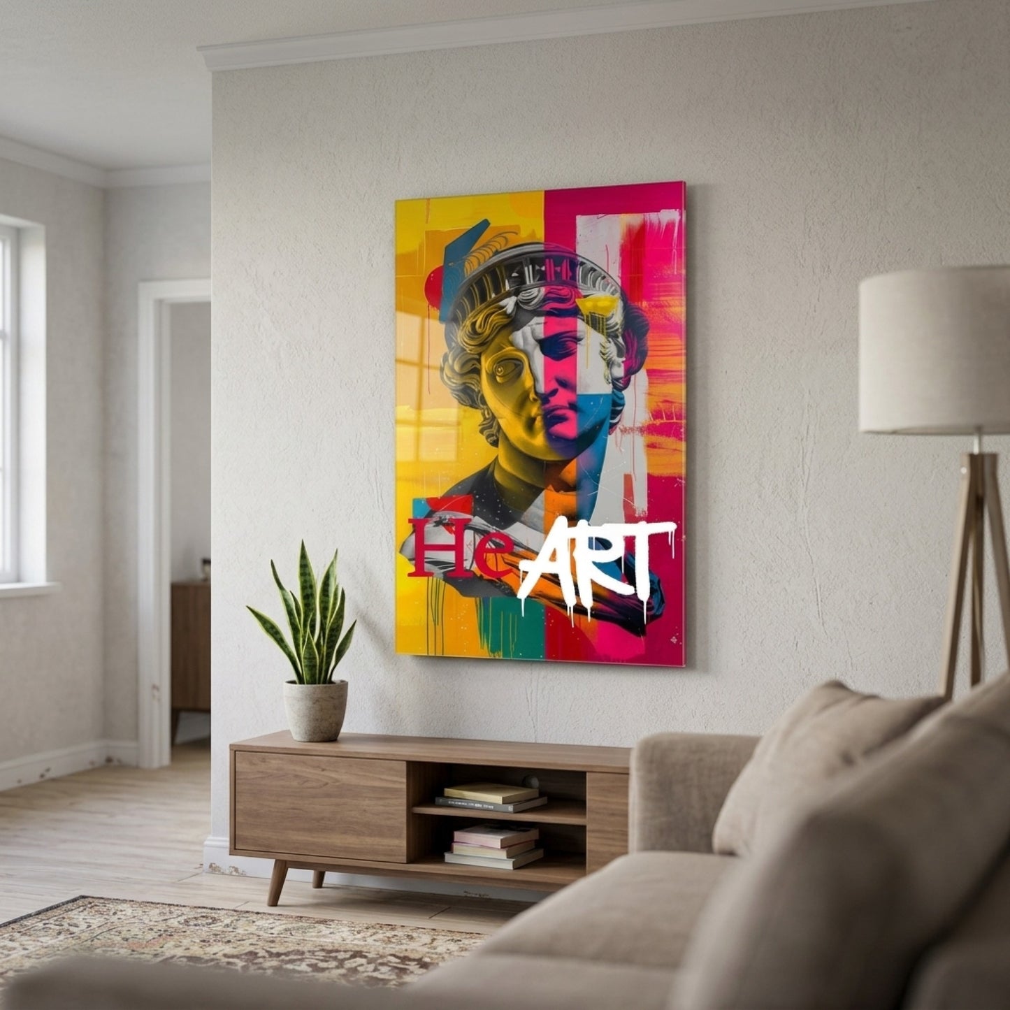 Pop Art Klasik Büst Renkli Grafiti Duvar Sanatı Dikey Cam Tablo