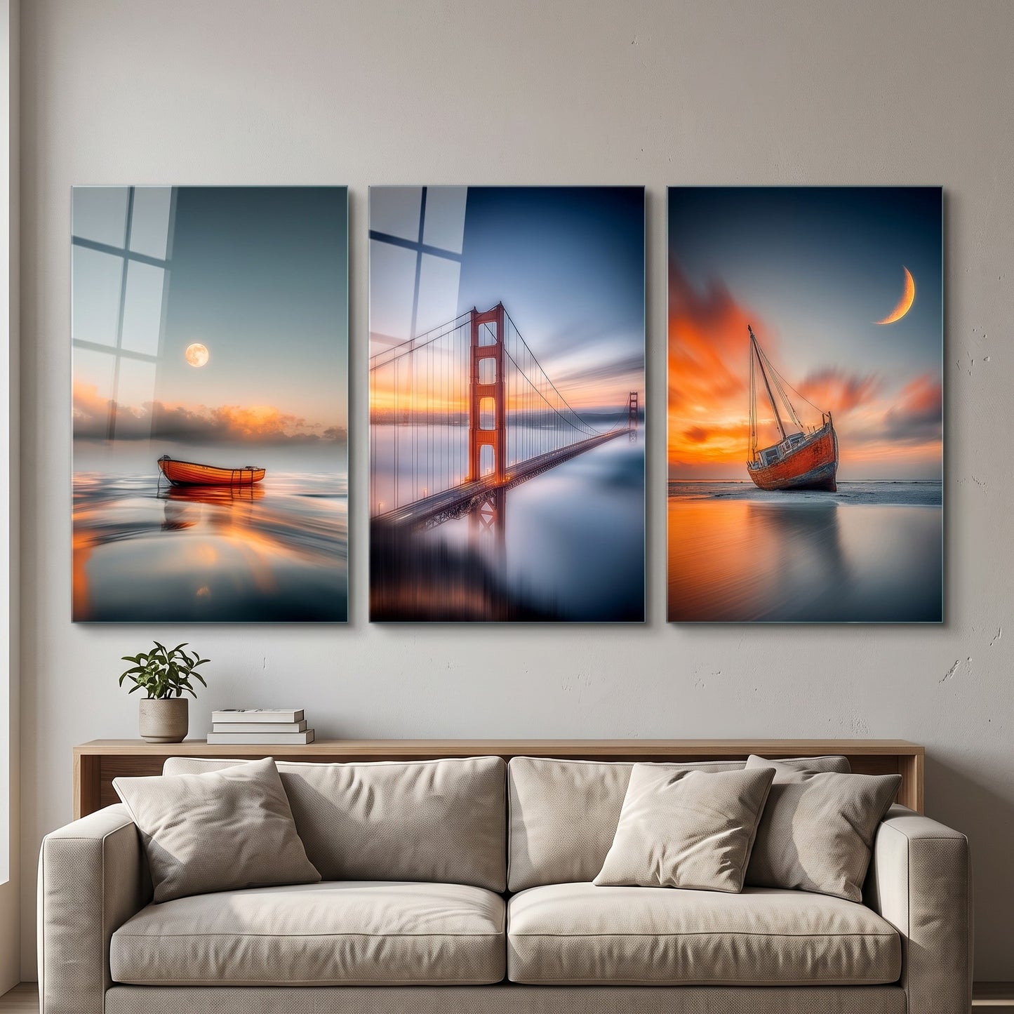 Golden Gate ve Ay Isigi Tekne Dikey 3'lü Set Cam Tablo