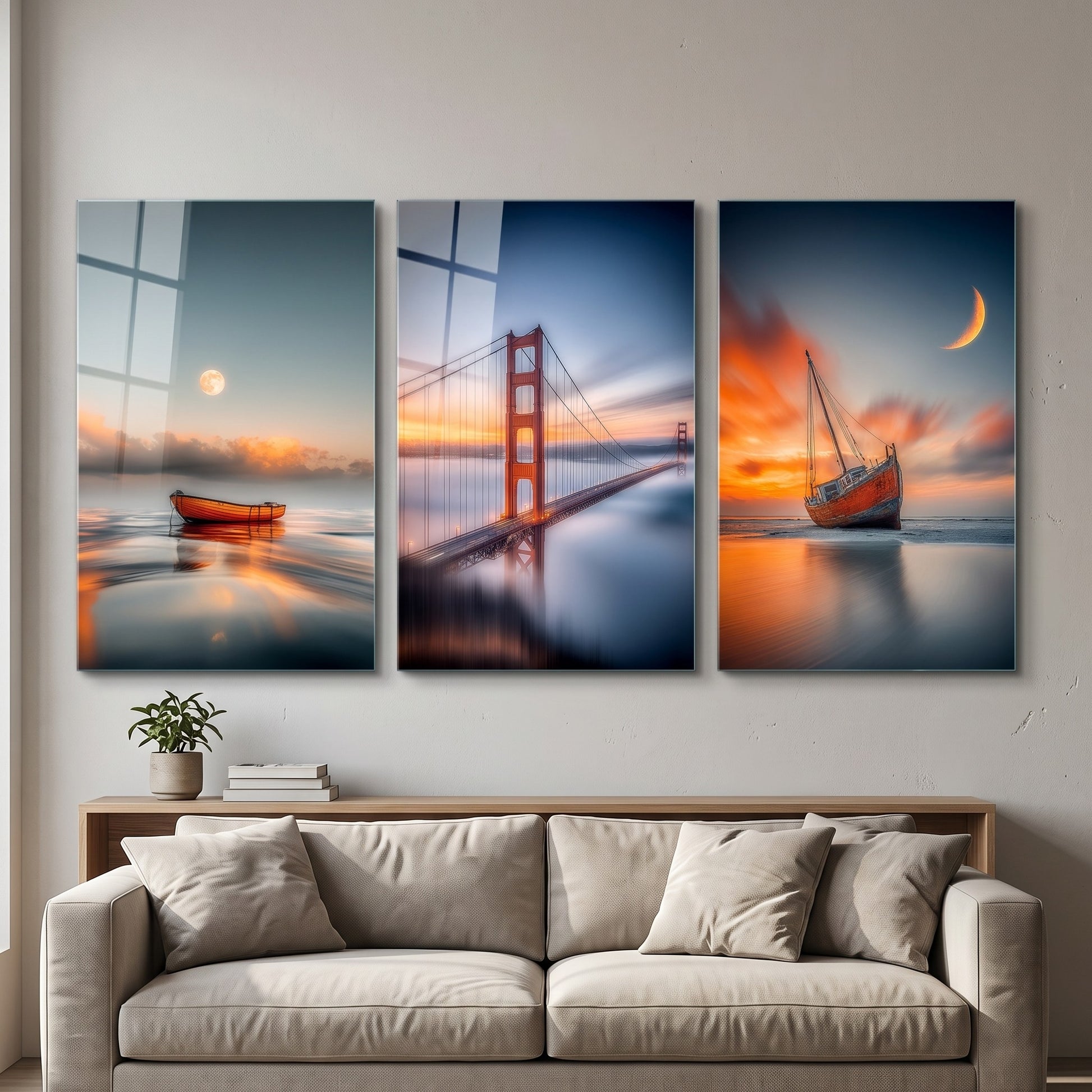Golden Gate ve Ay Isigi Tekne Dikey 3'lü Set Cam Tablo