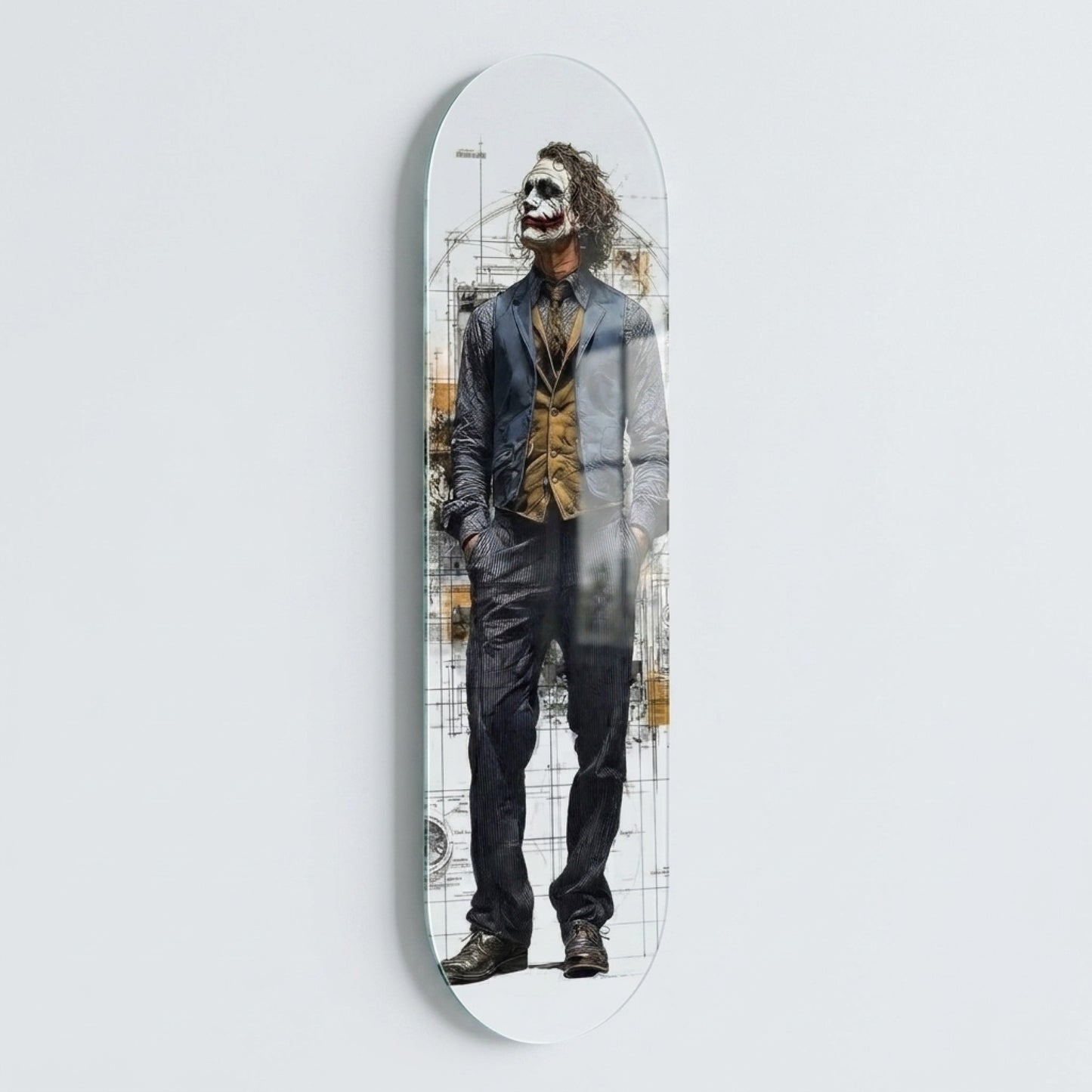 Joker Karakteri ve Teknik Çizim Detaylı Modern Sanat Skate Board Cam Tablo