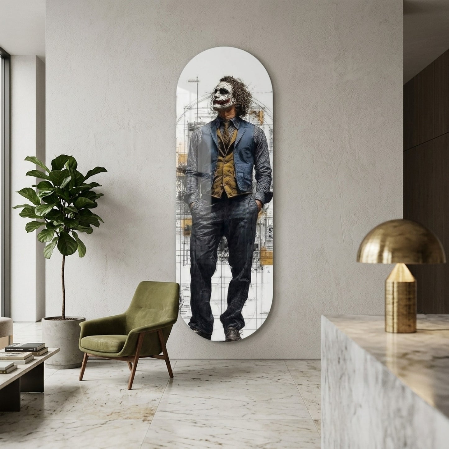 Joker Karakteri ve Teknik Çizim Detaylı Modern Sanat Skate Board Cam Tablo