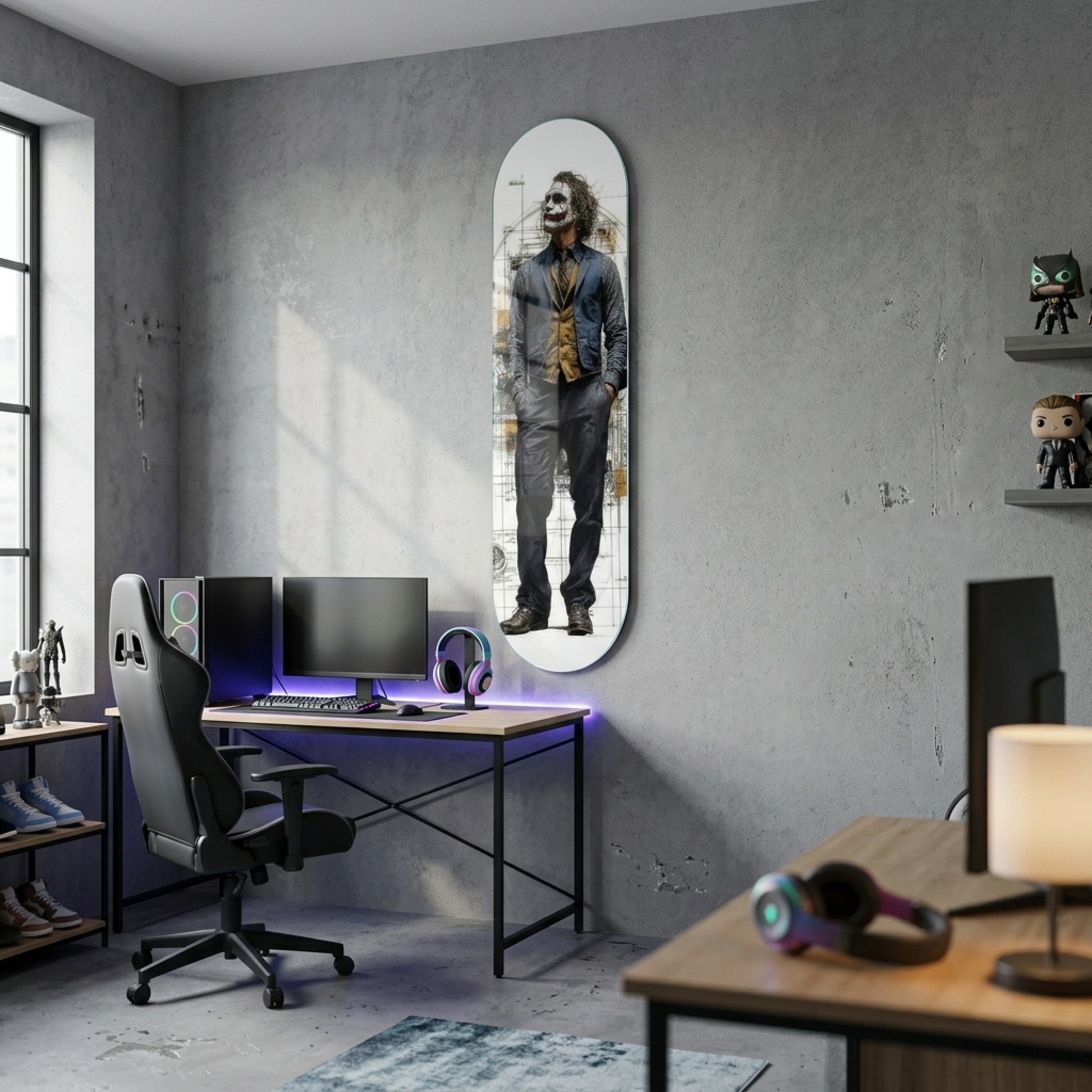 Joker Karakteri ve Teknik Çizim Detaylı Modern Sanat Skate Board Cam Tablo