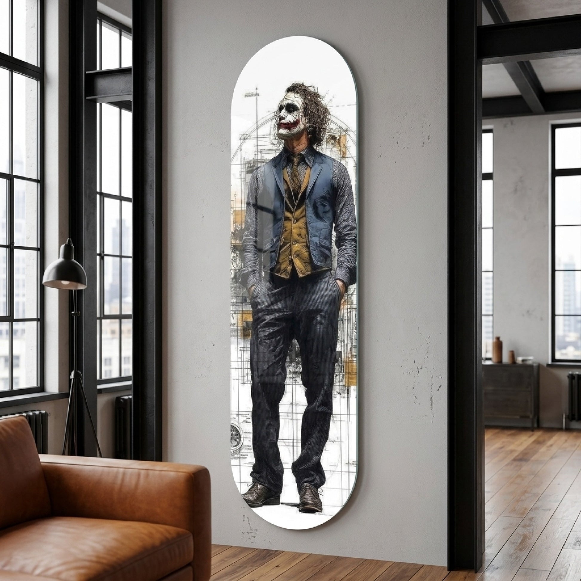 Joker Karakteri ve Teknik Çizim Detaylı Modern Sanat Skate Board Cam Tablo