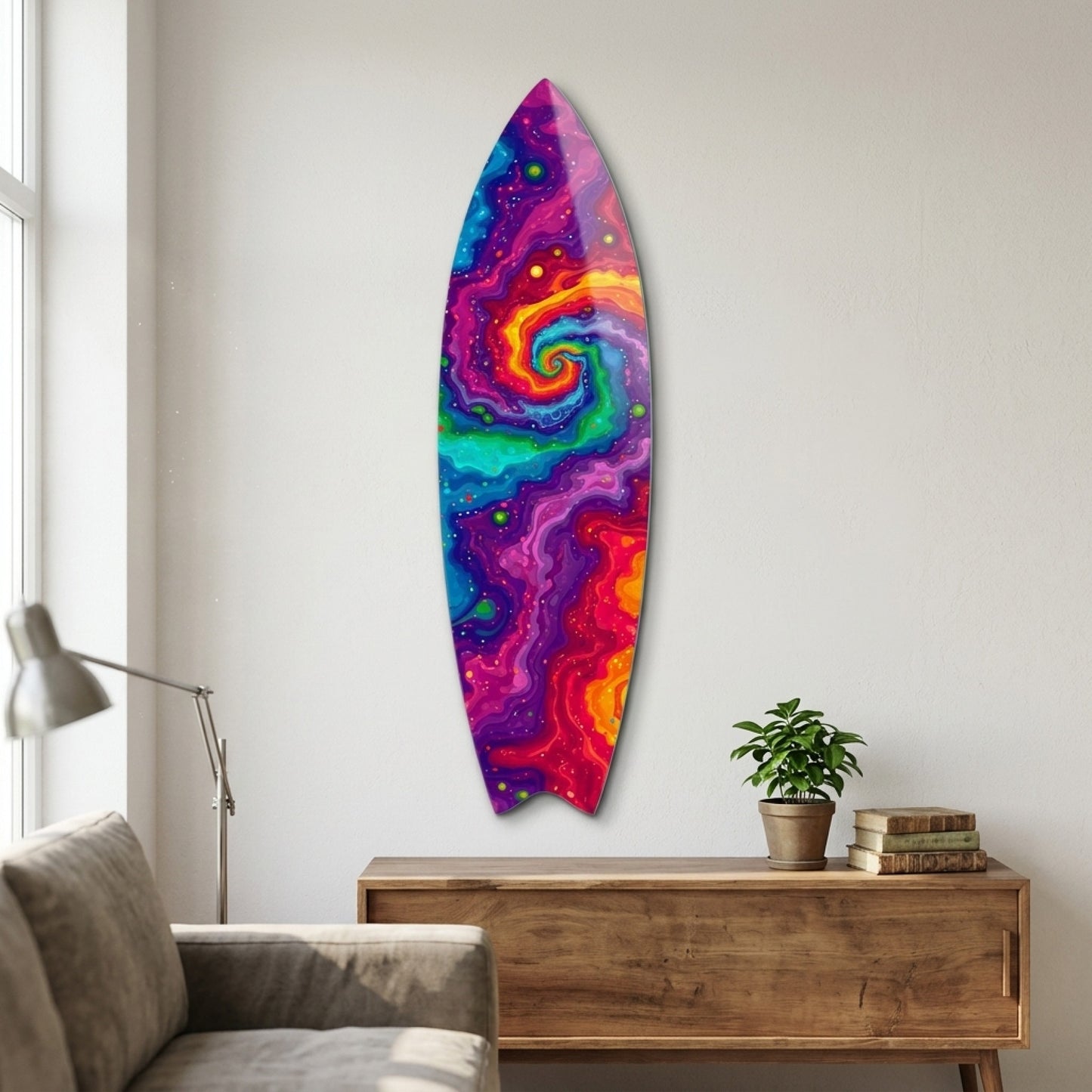 Rengarenk Psychedelic Girdap Soyut Sanat Surf Board Cam Tablo