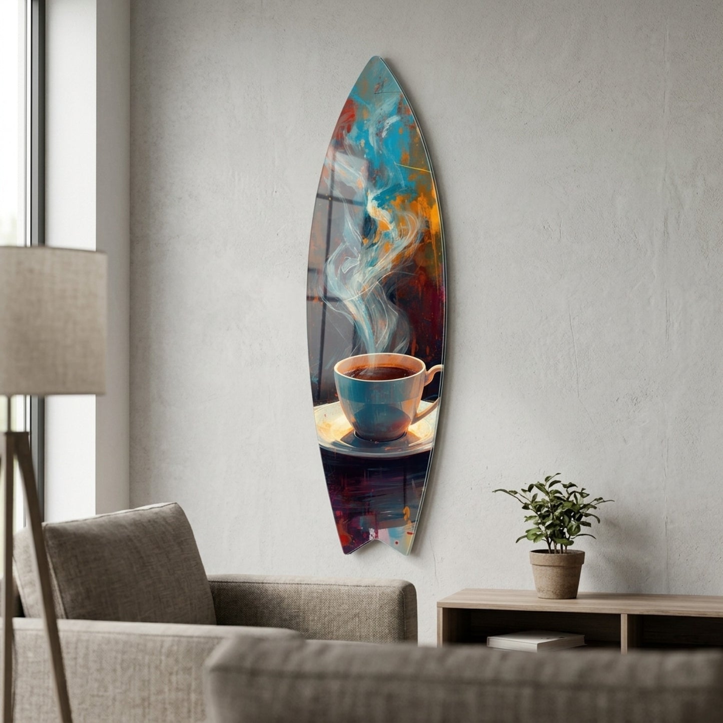Modern Soyut Ekspresyonist Kahve Fincanı Sanatı Surf Board Cam Tablo