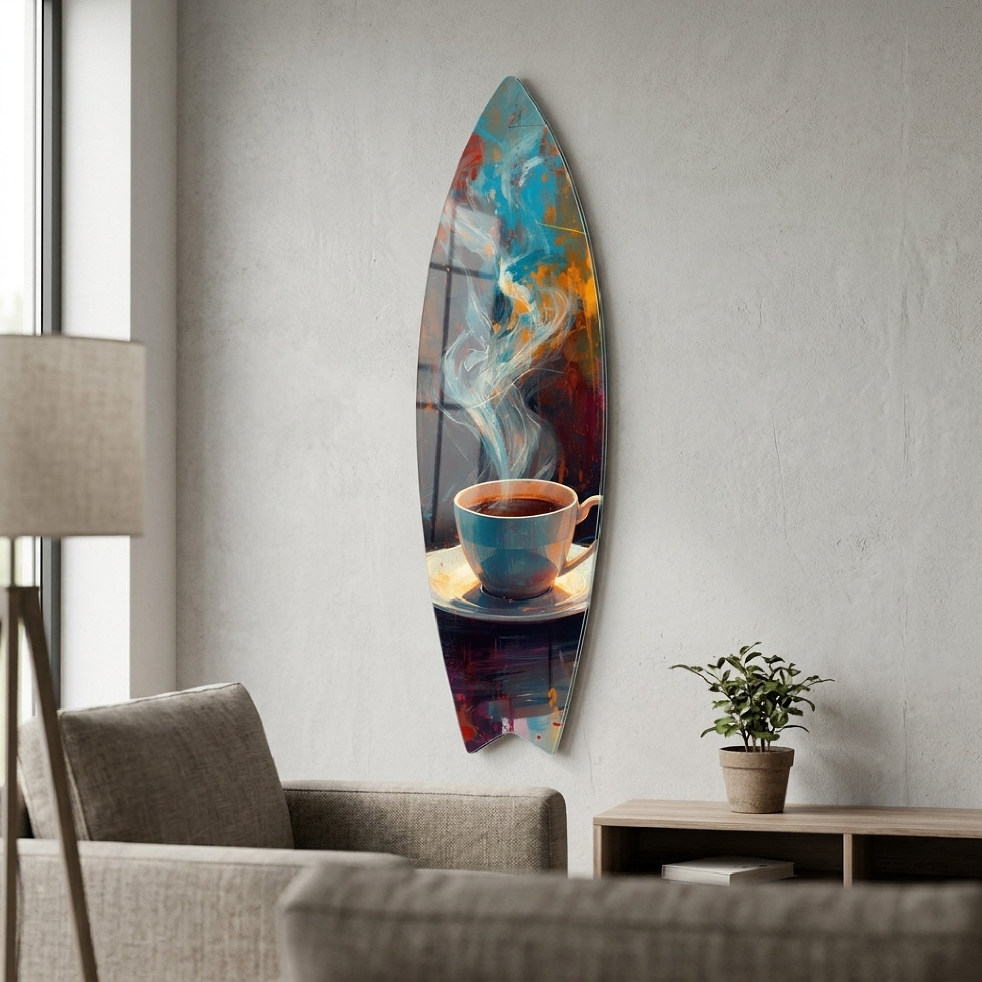 Modern Soyut Ekspresyonist Kahve Fincanı Sanatı Surf Board Cam Tablo