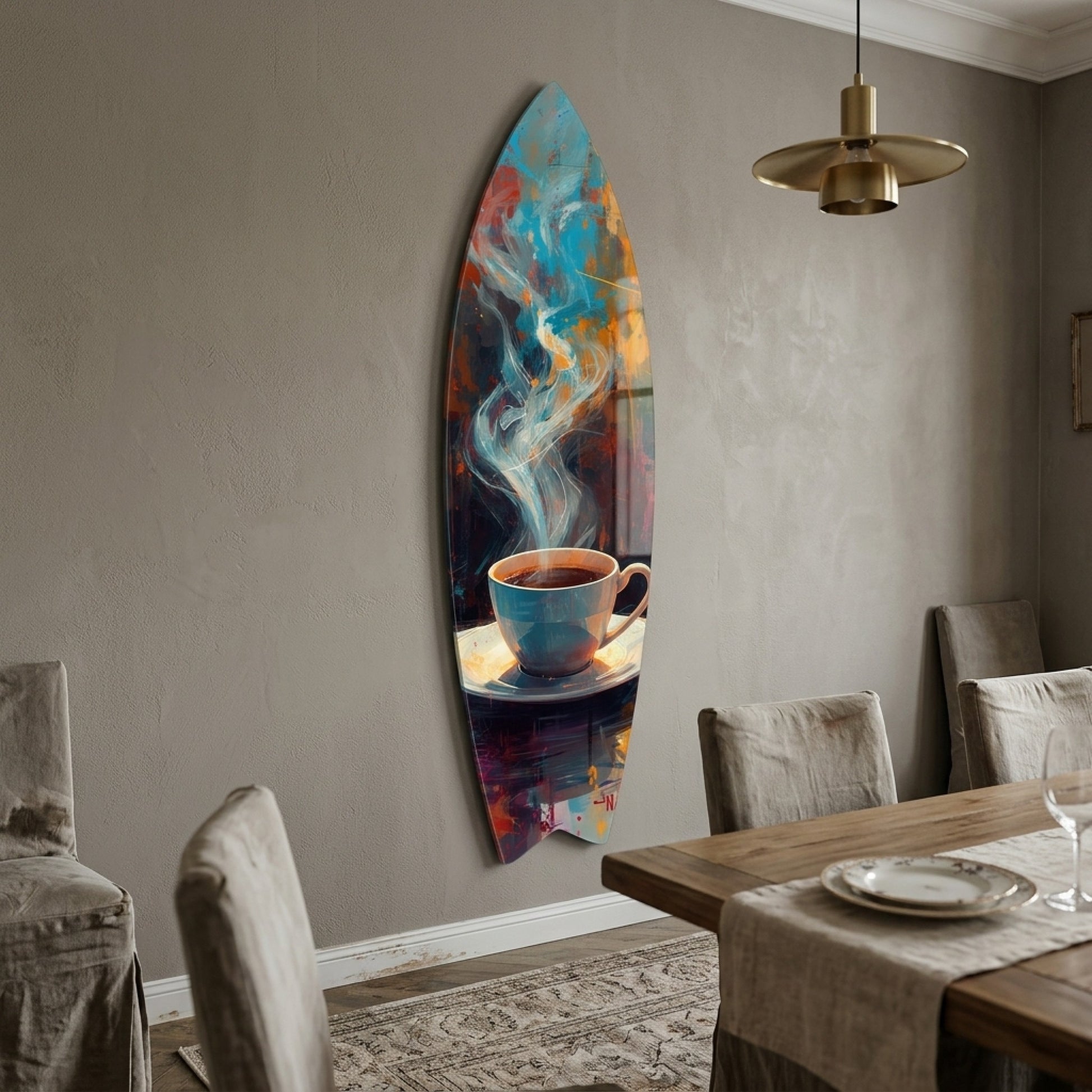 Modern Soyut Ekspresyonist Kahve Fincanı Sanatı Surf Board Cam Tablo