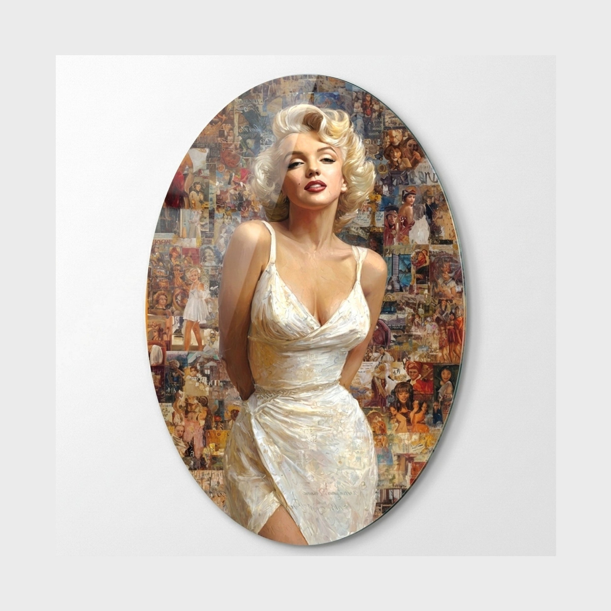 Retro Marilyn Monroe İkonik Kolaj Portresi Oval Dikey Cam Tablo
