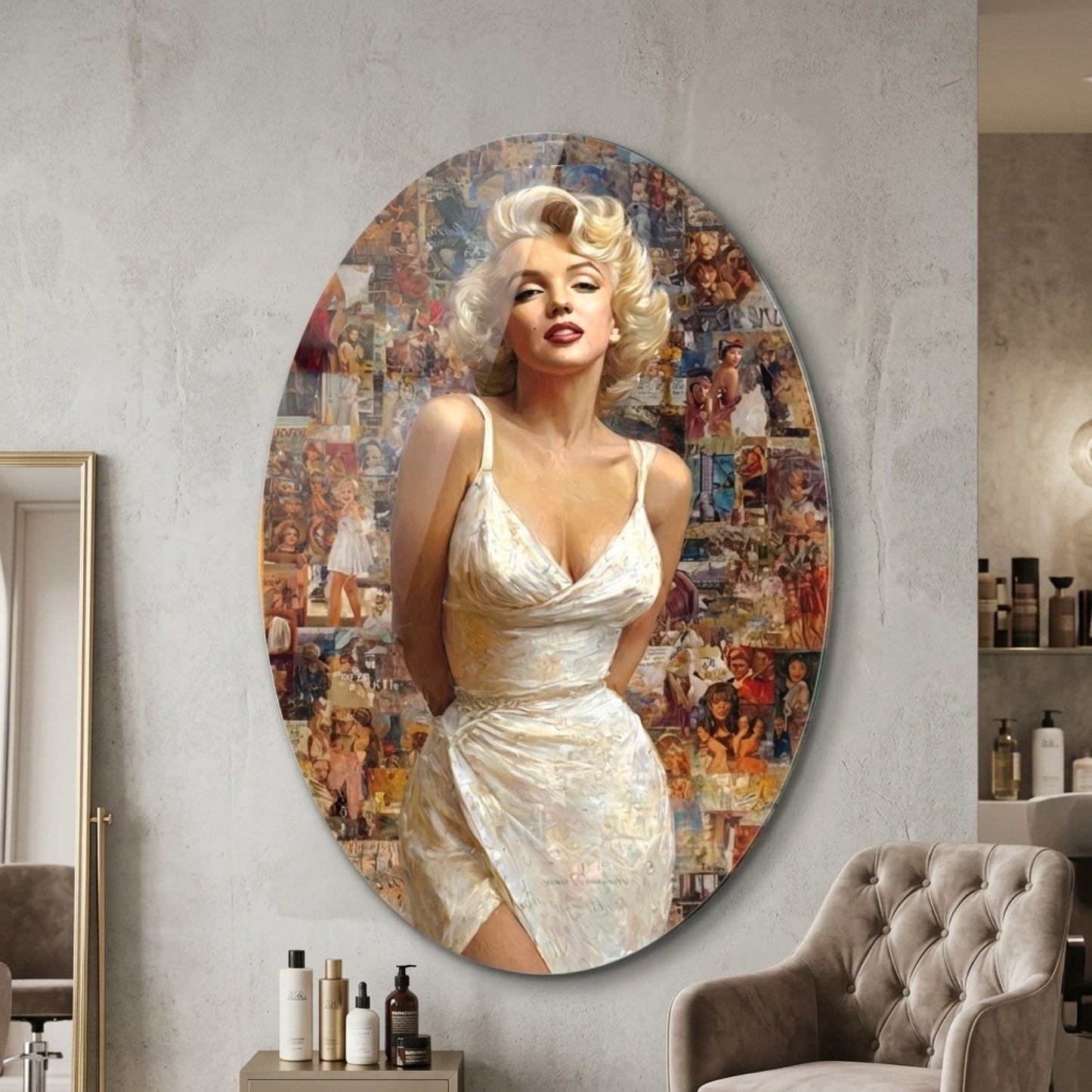 Retro Marilyn Monroe İkonik Kolaj Portresi Oval Dikey Cam Tablo