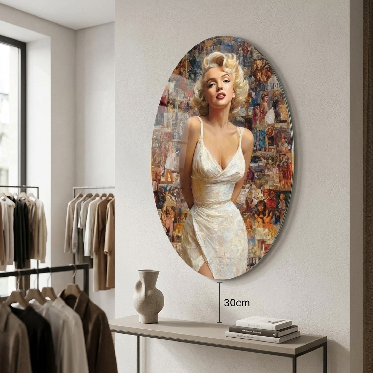 Retro Marilyn Monroe İkonik Kolaj Portresi Oval Dikey Cam Tablo