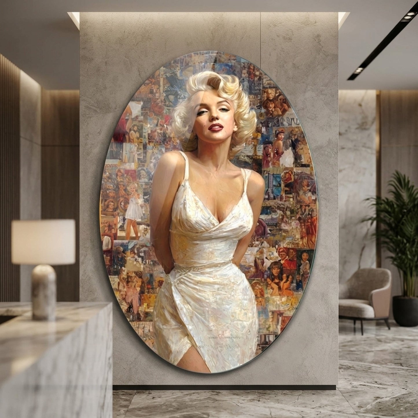 Retro Marilyn Monroe İkonik Kolaj Portresi Oval Dikey Cam Tablo