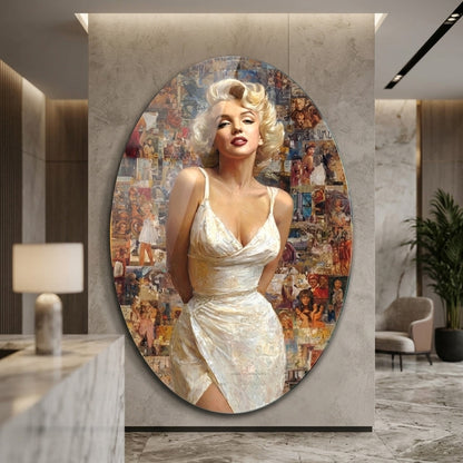 Retro Marilyn Monroe İkonik Kolaj Portresi Oval Dikey Cam Tablo