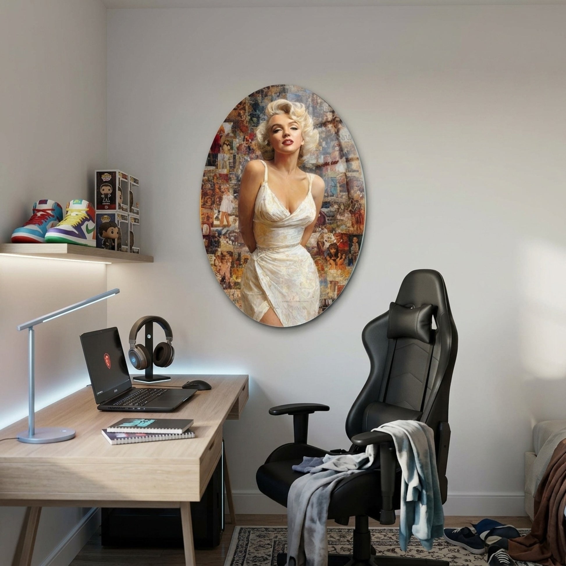 Retro Marilyn Monroe İkonik Kolaj Portresi Oval Dikey Cam Tablo