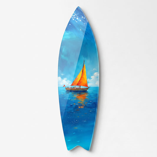 Açık Deniz Turuncu Yelkenli Tekne Yağlıboya Görünümlü Surf Board Cam Tablo
