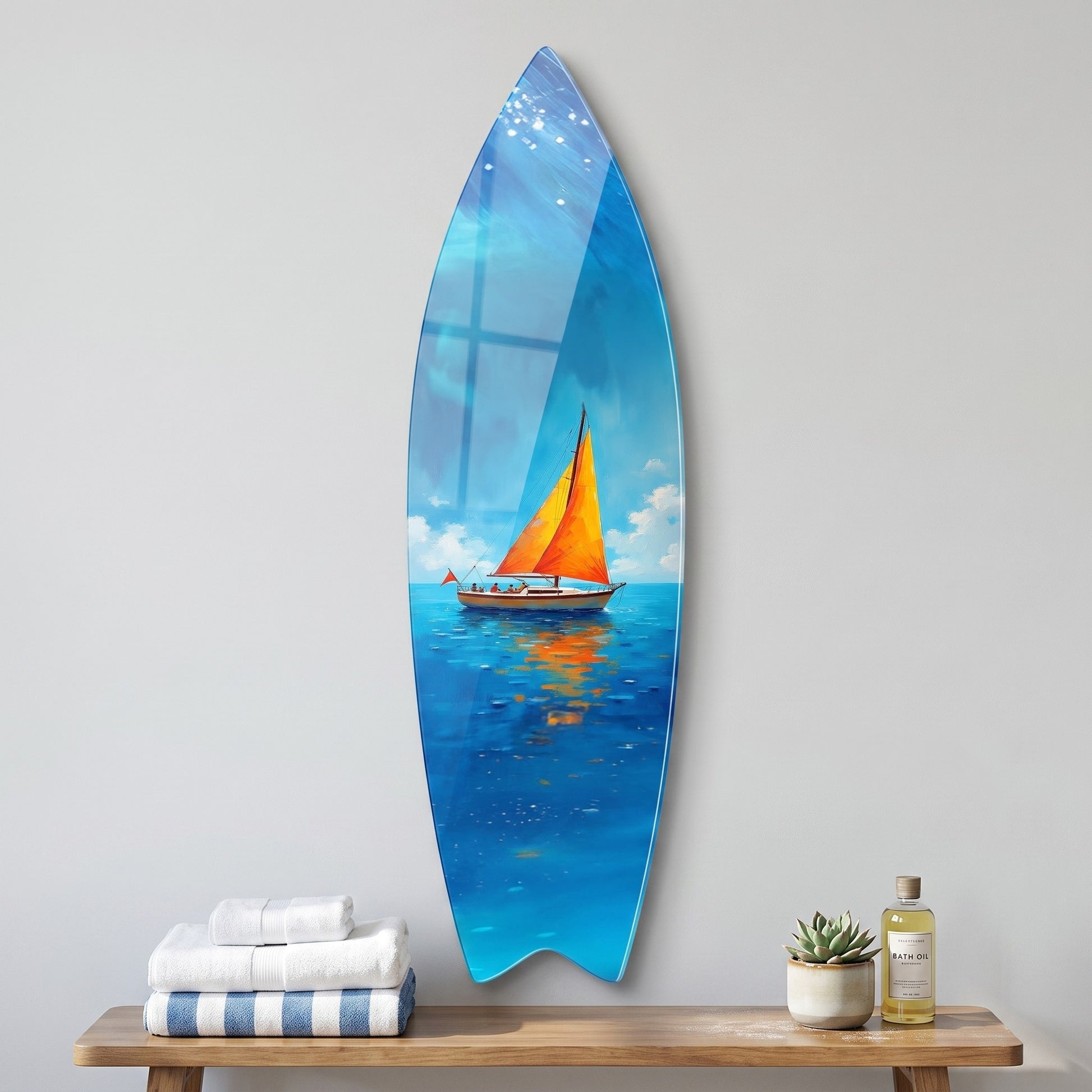 Açık Deniz Turuncu Yelkenli Tekne Yağlıboya Görünümlü Surf Board Cam Tablo