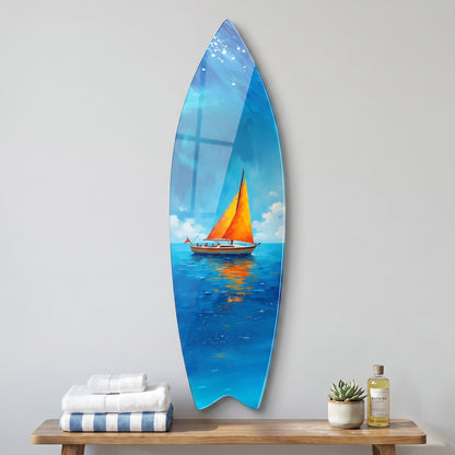 Açık Deniz Turuncu Yelkenli Tekne Yağlıboya Görünümlü Surf Board Cam Tablo