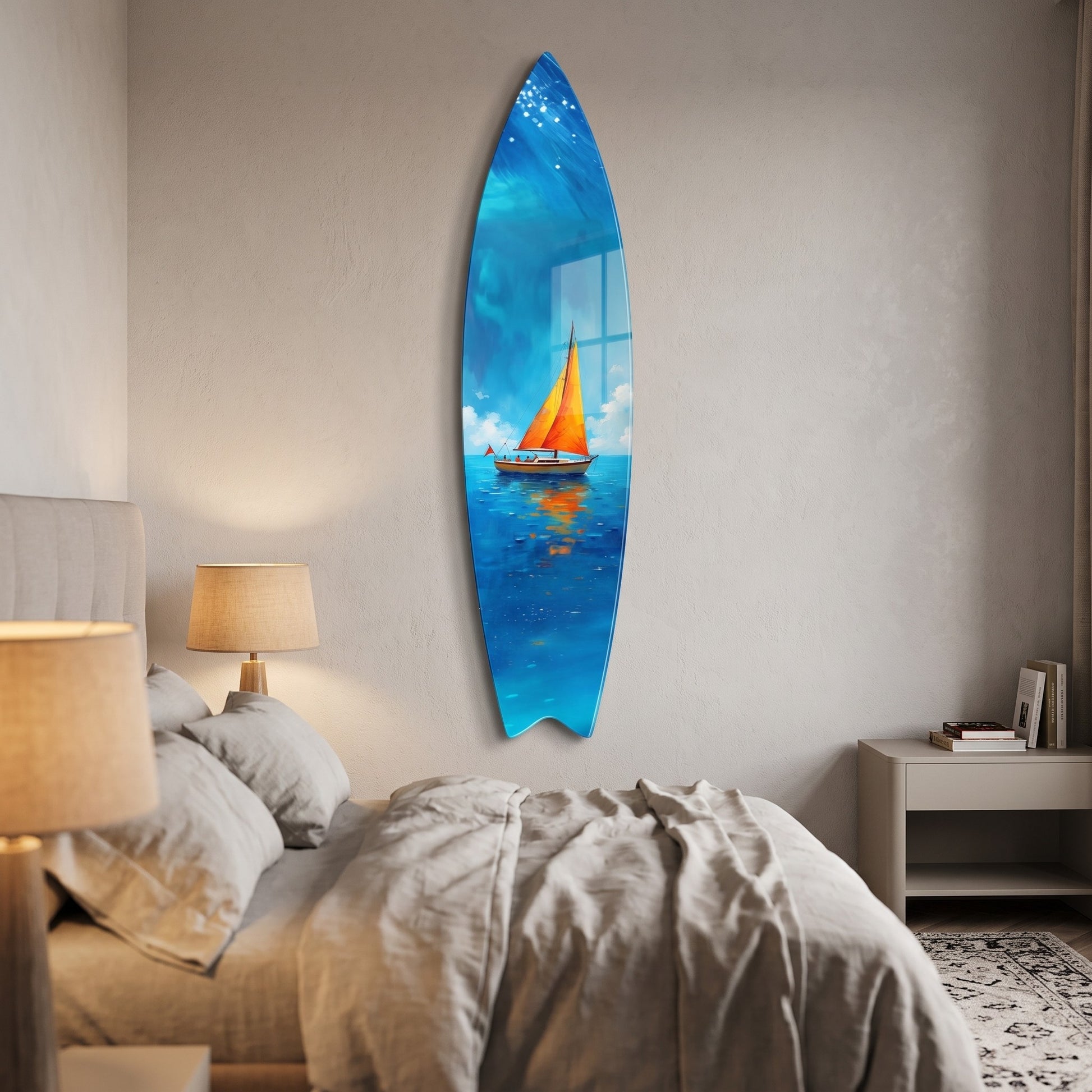 Açık Deniz Turuncu Yelkenli Tekne Yağlıboya Görünümlü Surf Board Cam Tablo