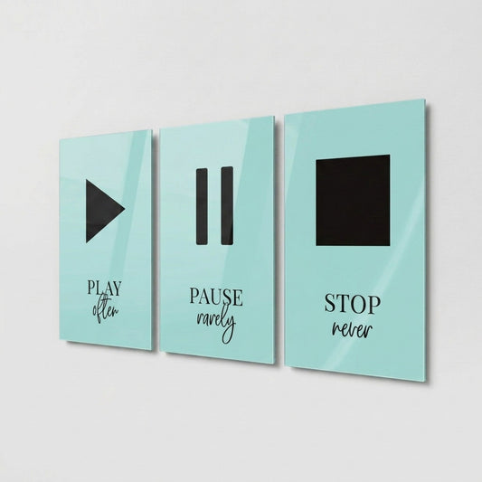 Play Pause Stop Motivasyon Seti Dikey 3'lü Set Cam Tablo