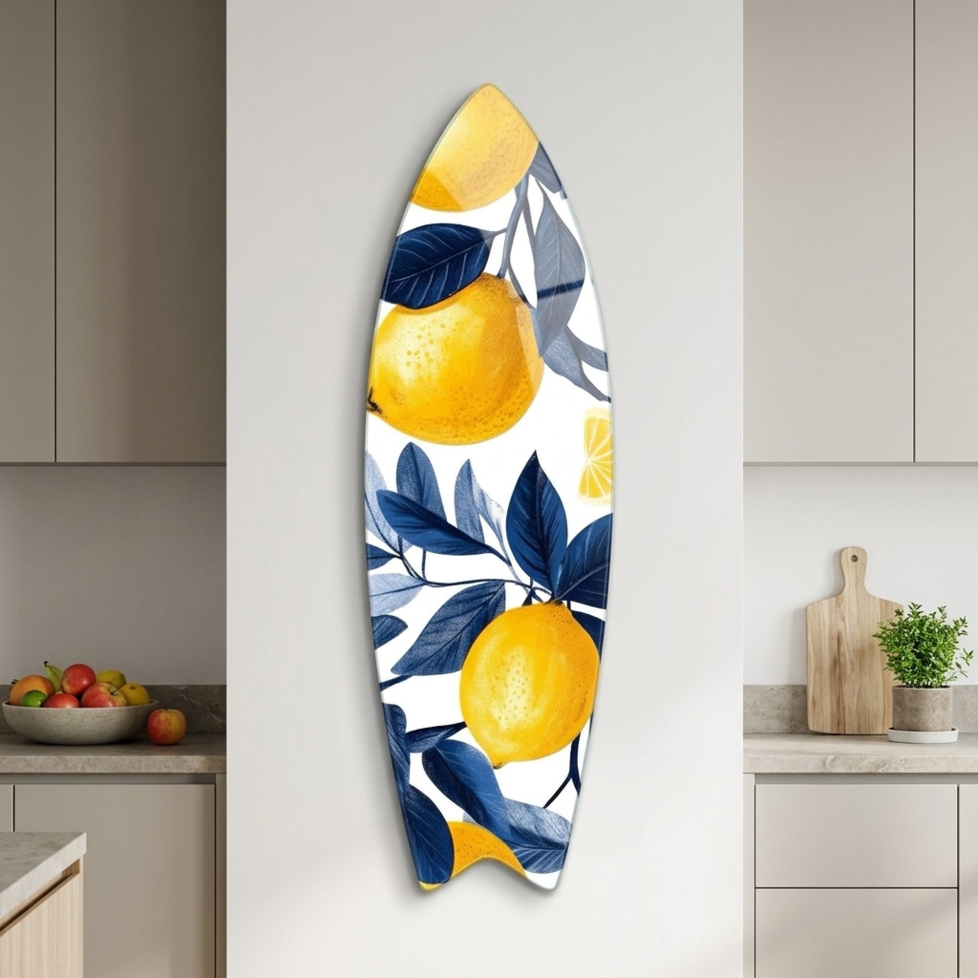 Modern Sari Limon ve Lacivert Yaprak Desenli Surf Board Cam Tablo
