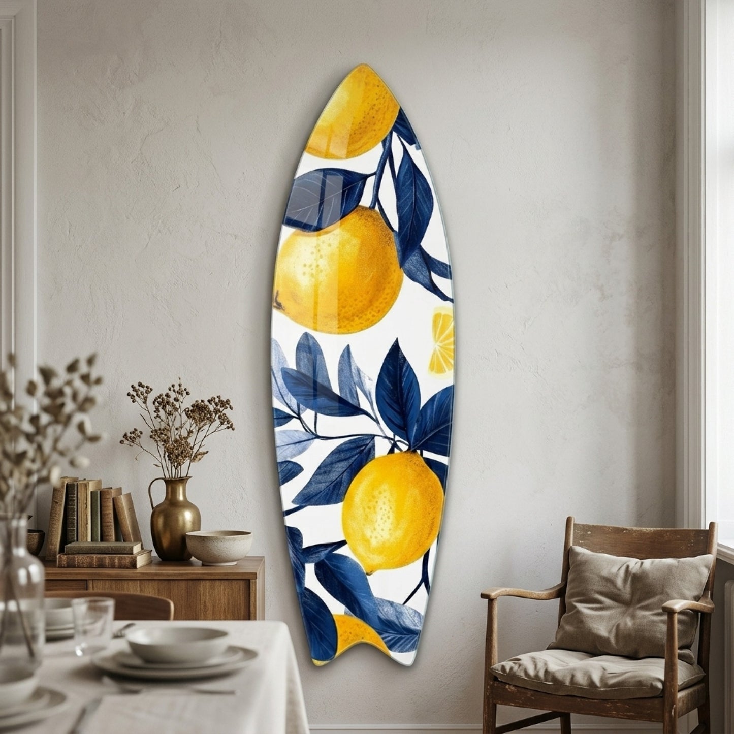 Modern Sari Limon ve Lacivert Yaprak Desenli Surf Board Cam Tablo