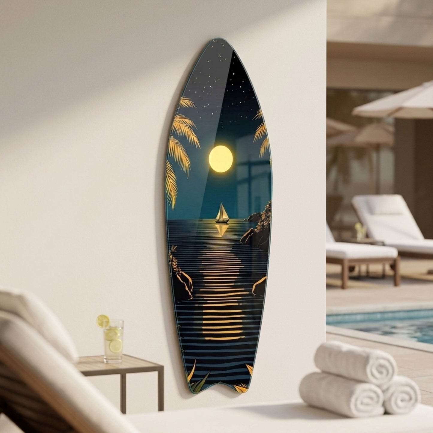 Ay Işığında Tropikal Deniz Manzarası Ve Yelkenli Surf Board Cam Tablo
