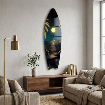 Ay Işığında Tropikal Deniz Manzarası Ve Yelkenli Surf Board Cam Tablo