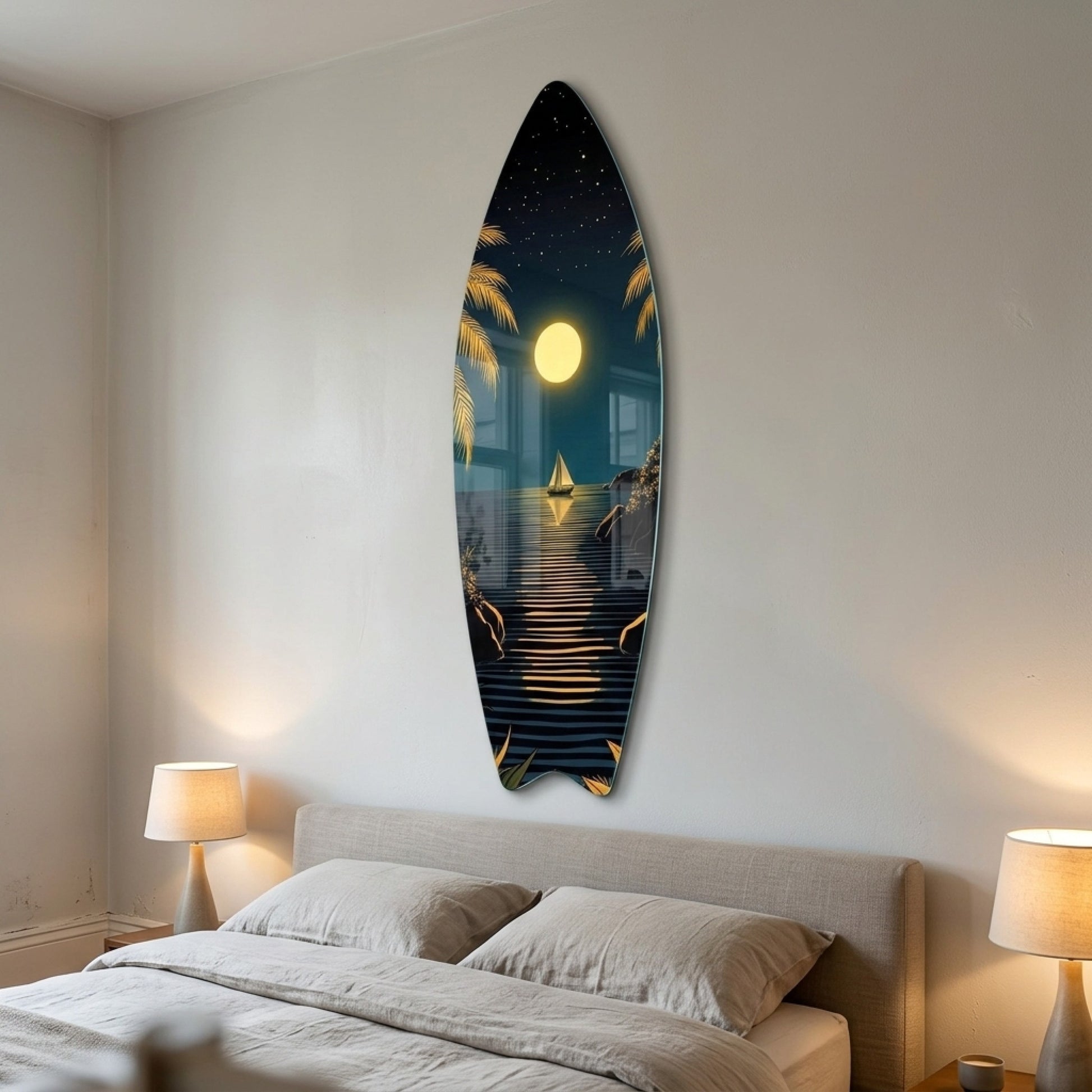 Ay Işığında Tropikal Deniz Manzarası Ve Yelkenli Surf Board Cam Tablo