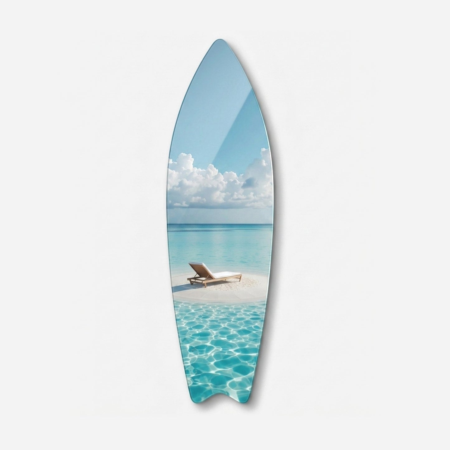 Turkuaz Deniz ve Şezlong Manzaralı Modern Duvar Dekoru Surf Board Cam Tablo