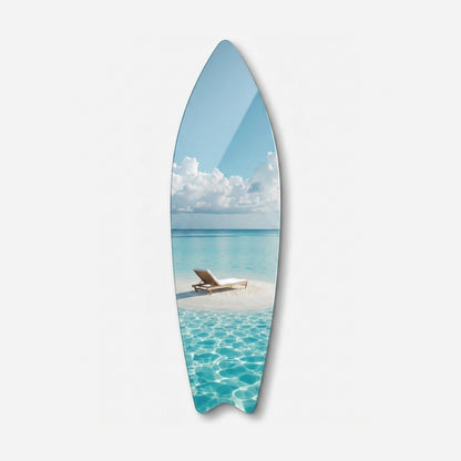 Turkuaz Deniz ve Şezlong Manzaralı Modern Duvar Dekoru Surf Board Cam Tablo