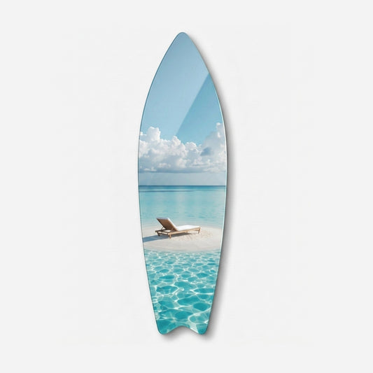 Turkuaz Deniz ve Şezlong Manzaralı Modern Duvar Dekoru Surf Board Cam Tablo