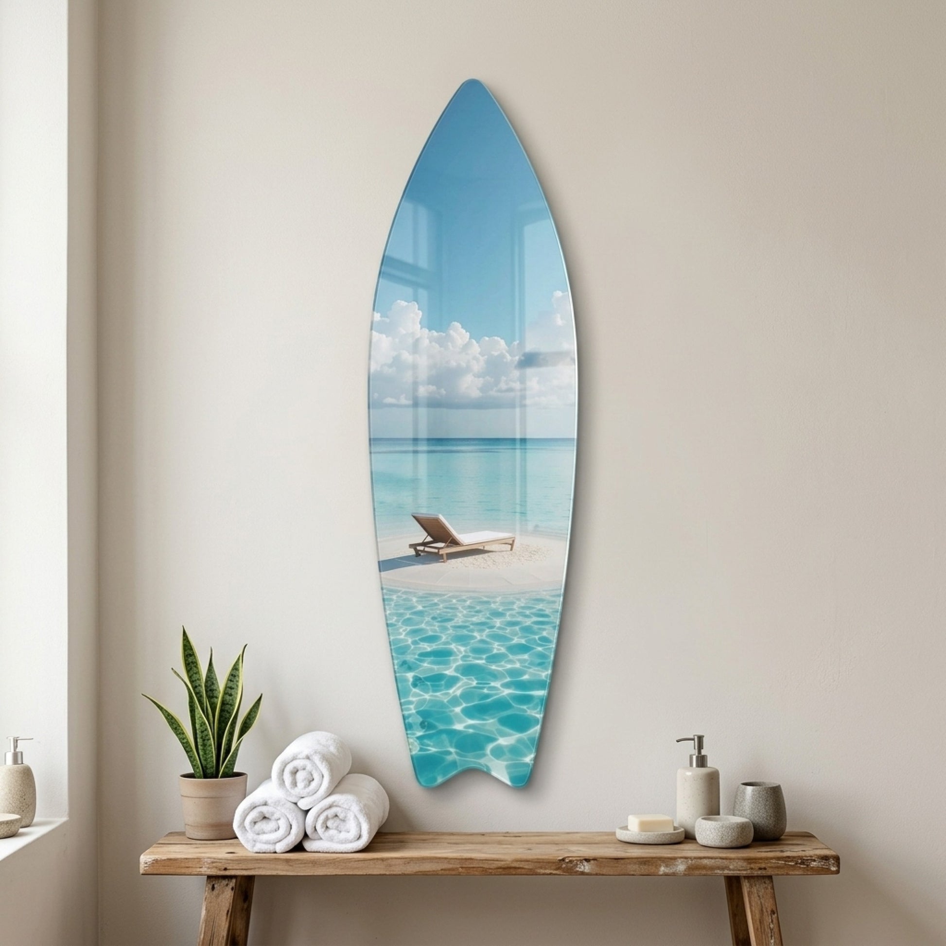 Turkuaz Deniz ve Şezlong Manzaralı Modern Duvar Dekoru Surf Board Cam Tablo