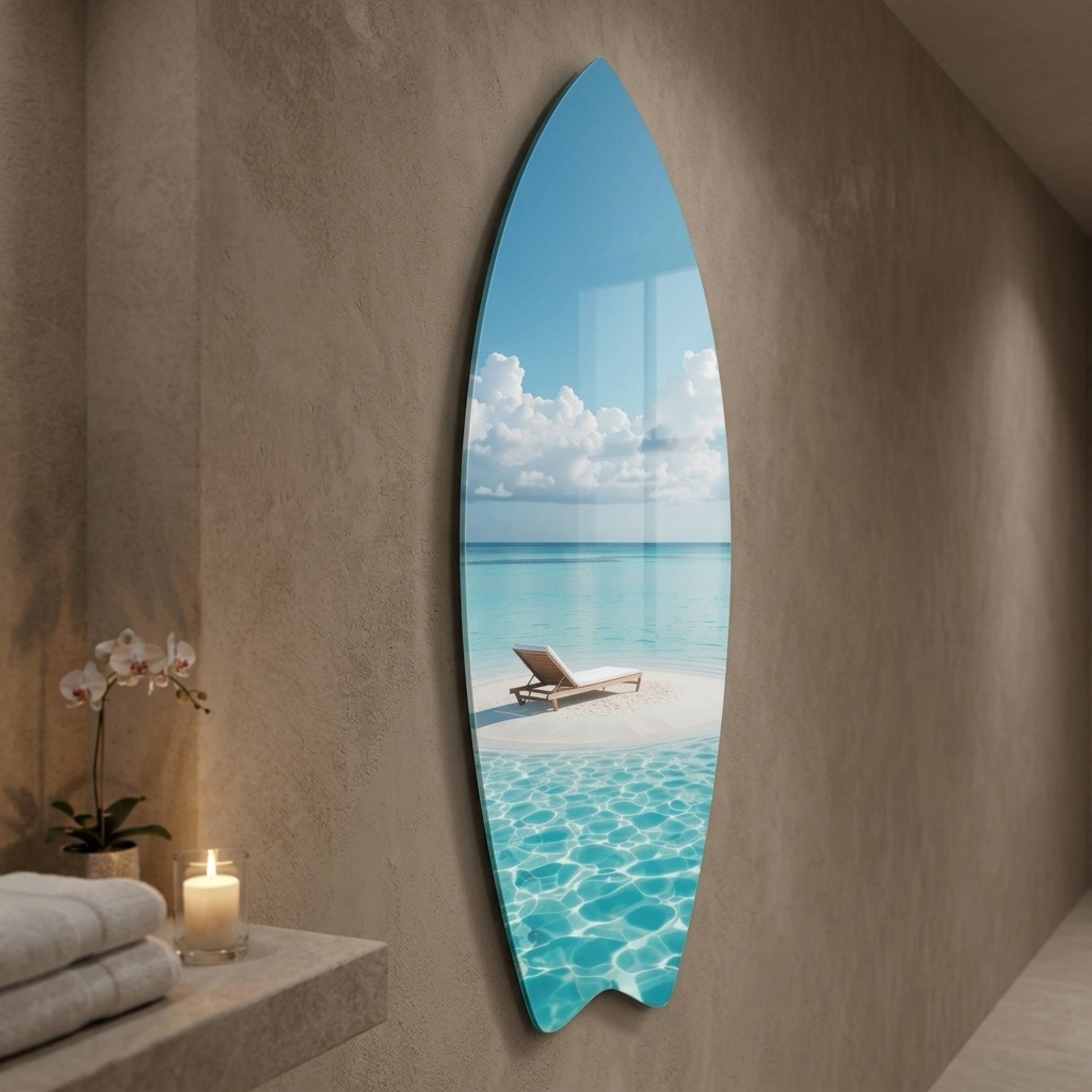 Turkuaz Deniz ve Şezlong Manzaralı Modern Duvar Dekoru Surf Board Cam Tablo