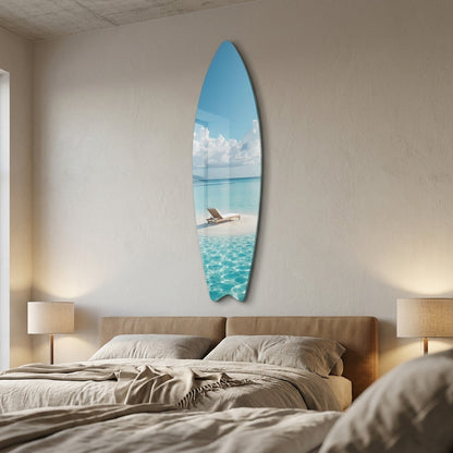 Turkuaz Deniz ve Şezlong Manzaralı Modern Duvar Dekoru Surf Board Cam Tablo