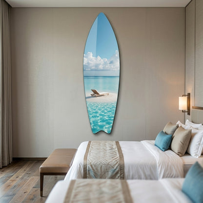Turkuaz Deniz ve Şezlong Manzaralı Modern Duvar Dekoru Surf Board Cam Tablo