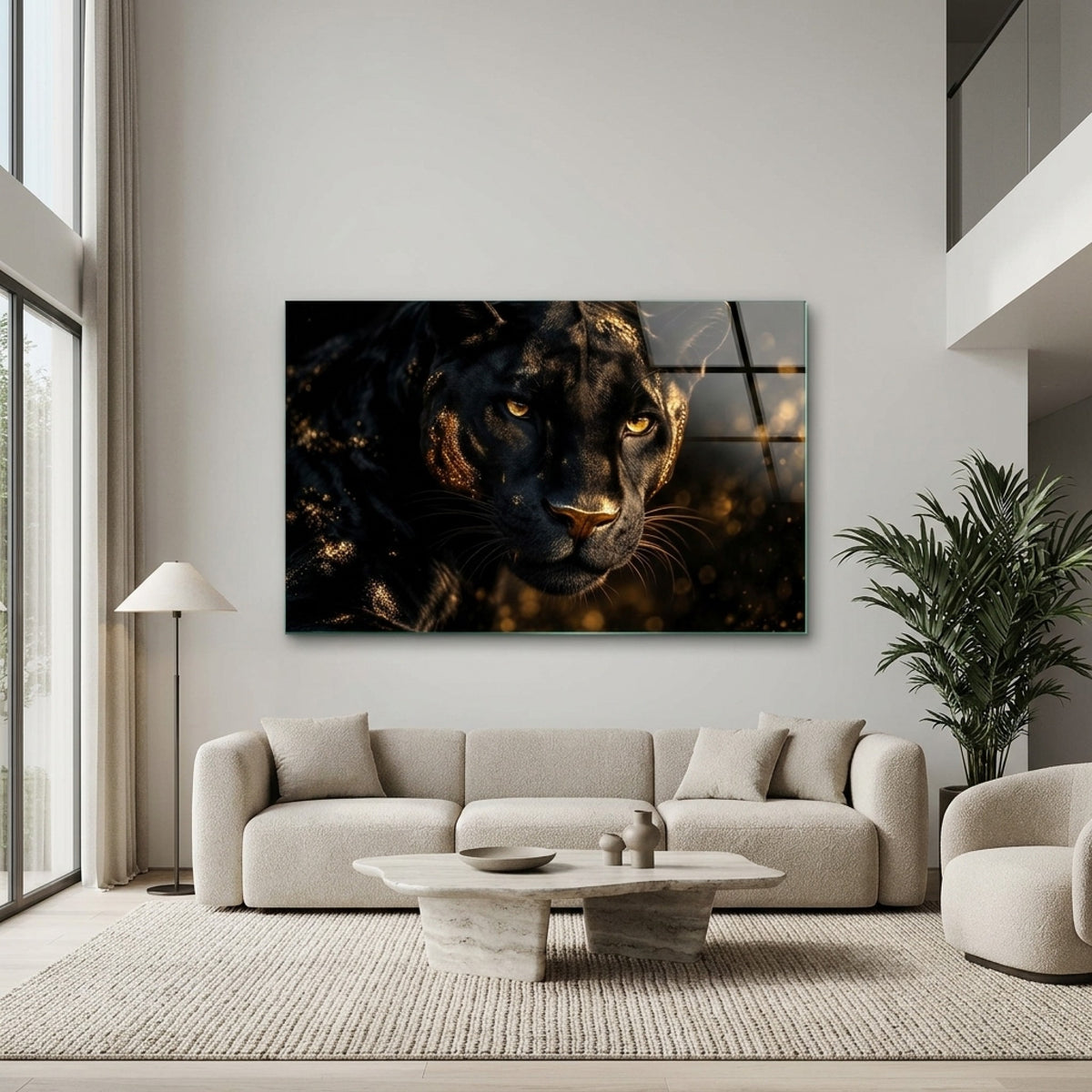 Altın Parıltılı Siyah Panter Yatay Cam Tablo