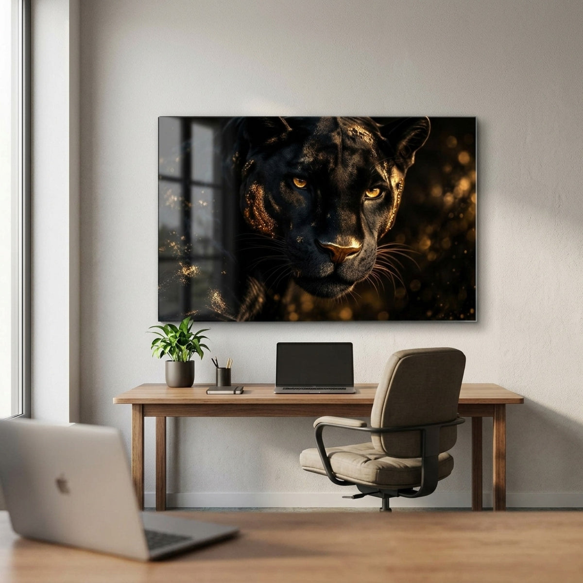 Altın Parıltılı Siyah Panter Yatay Cam Tablo