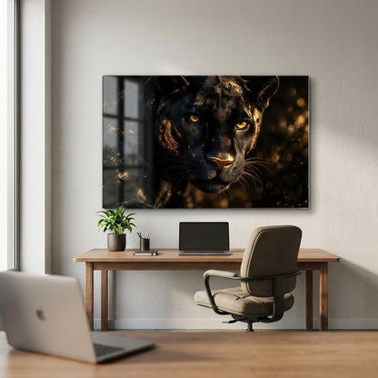 Altın Parıltılı Siyah Panter Yatay Cam Tablo