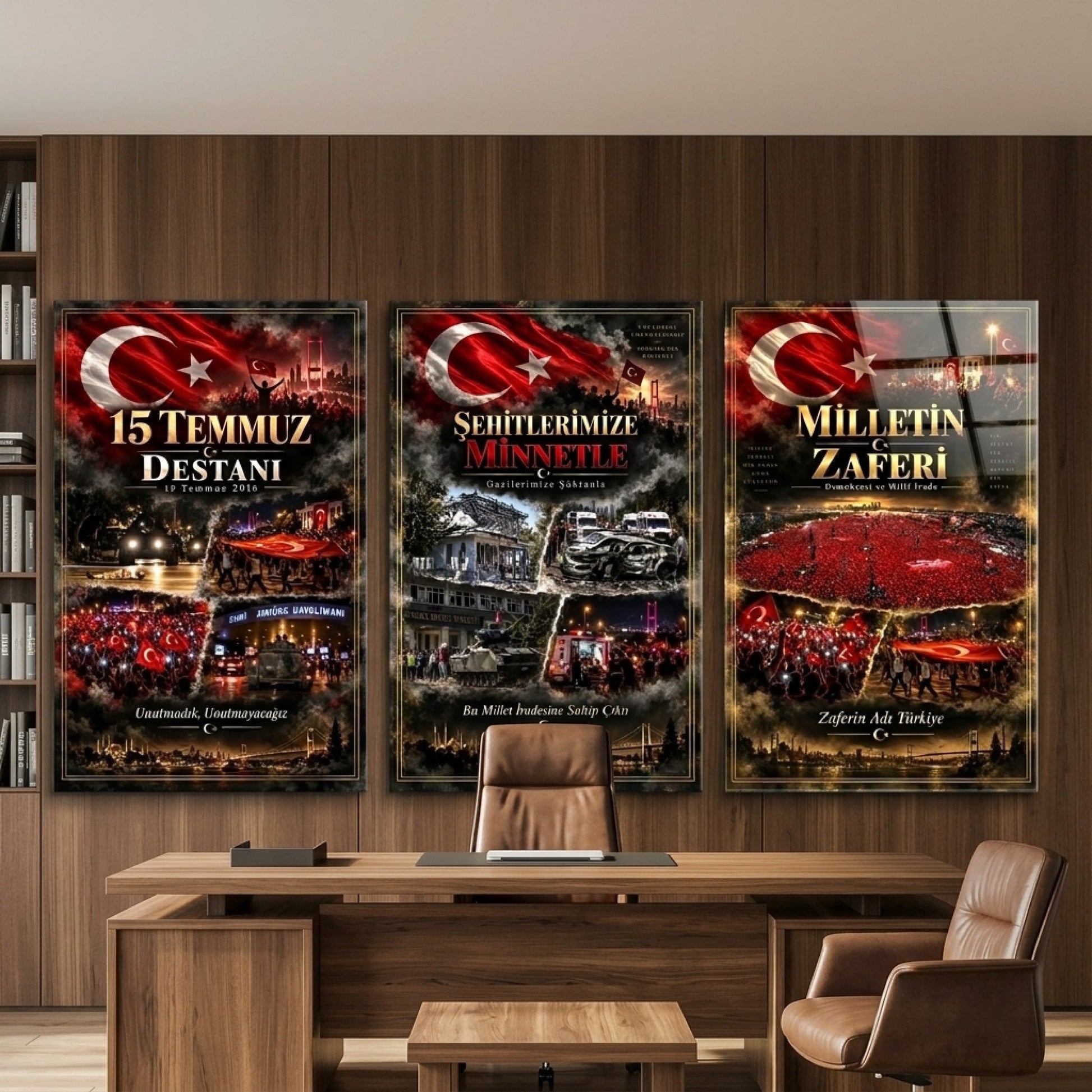 15 Temmuz Milletin Zaferi Panosu Dikey 3'lü Set Cam Tablo