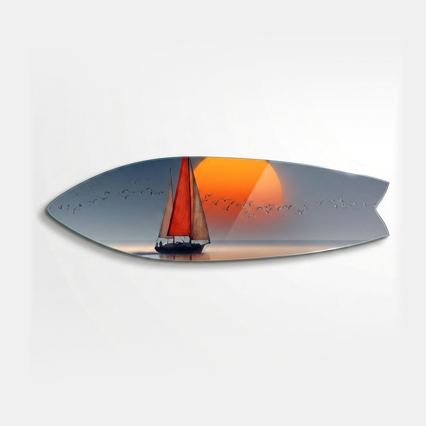 Günbatımı Manzaralı Kırmızı Yelkenli Surf Board Yatay Cam Tablo