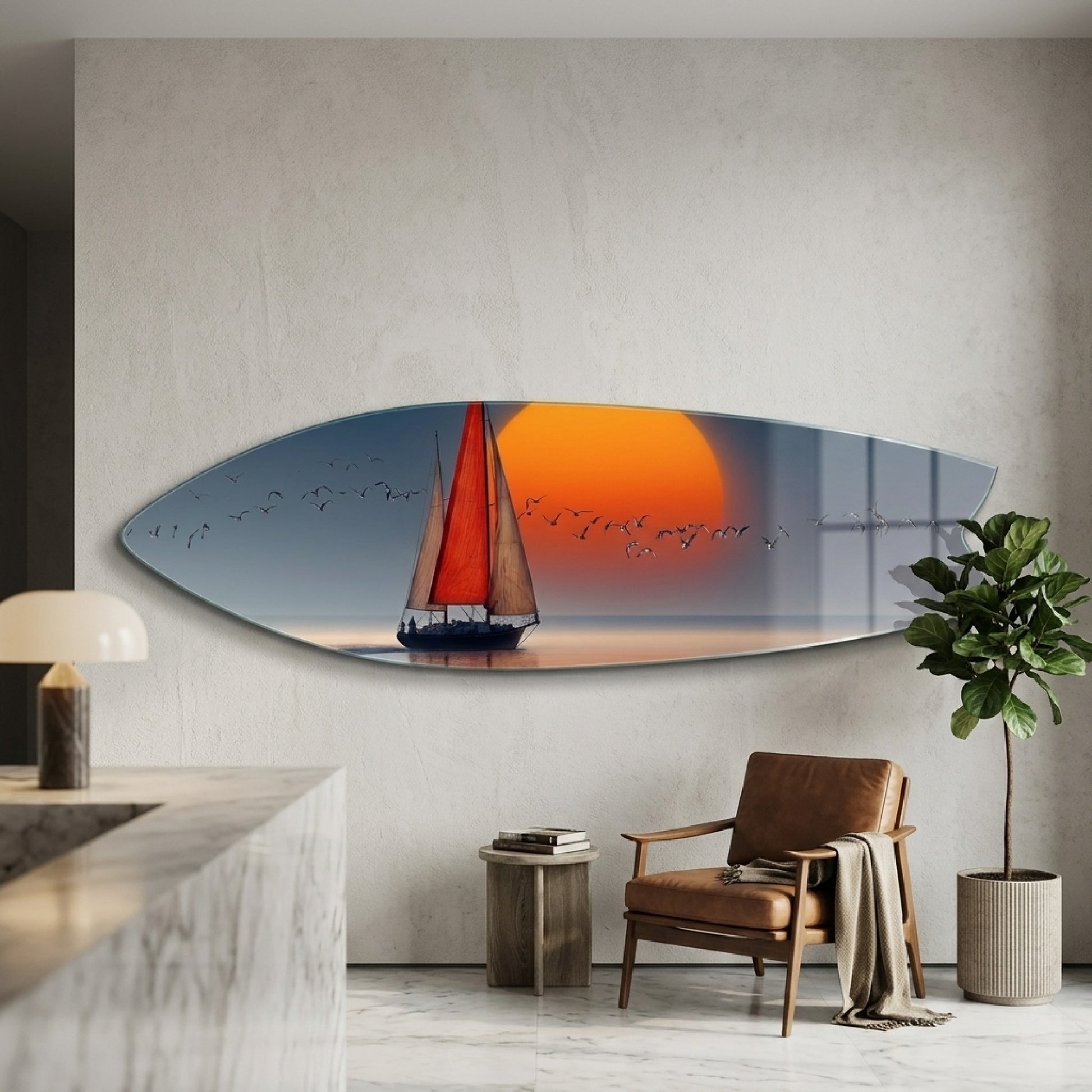 Günbatımı Manzaralı Kırmızı Yelkenli Surf Board Yatay Cam Tablo