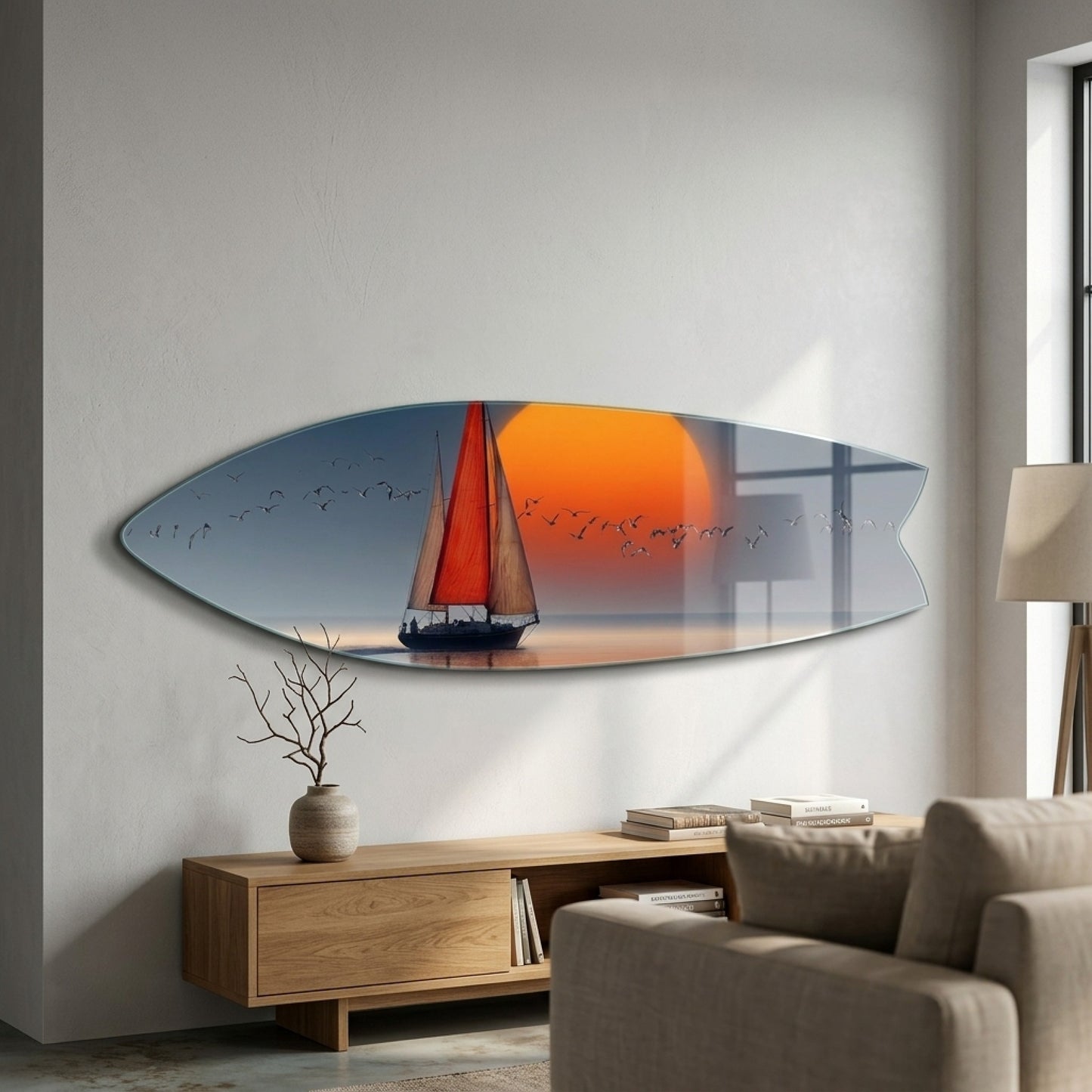 Günbatımı Manzaralı Kırmızı Yelkenli Surf Board Yatay Cam Tablo