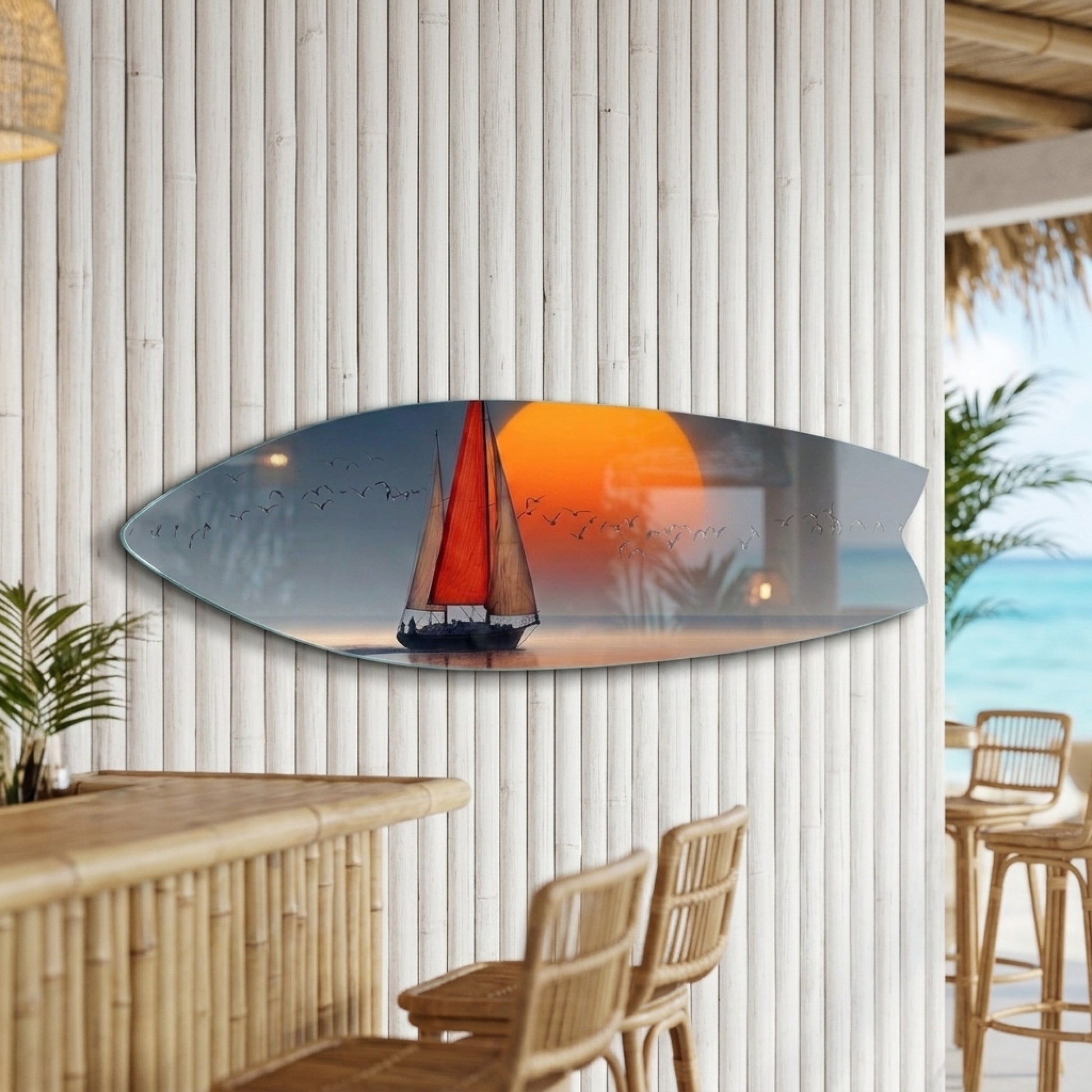 Günbatımı Manzaralı Kırmızı Yelkenli Surf Board Yatay Cam Tablo
